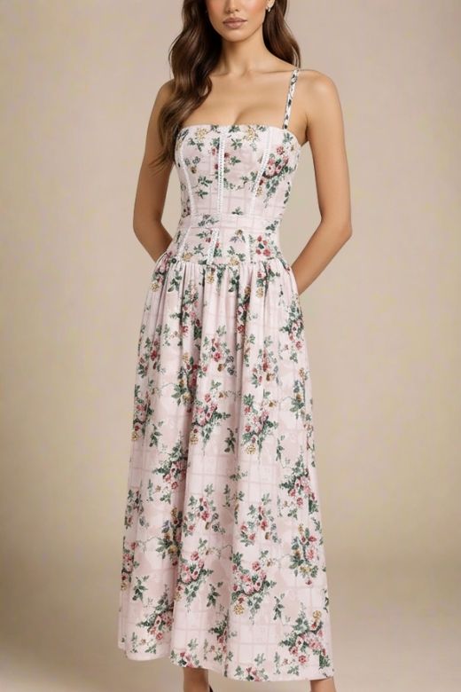 Beige Floral Grid Print Corset Lace Trim Spaghetti Strap A-Line Maxi Dress