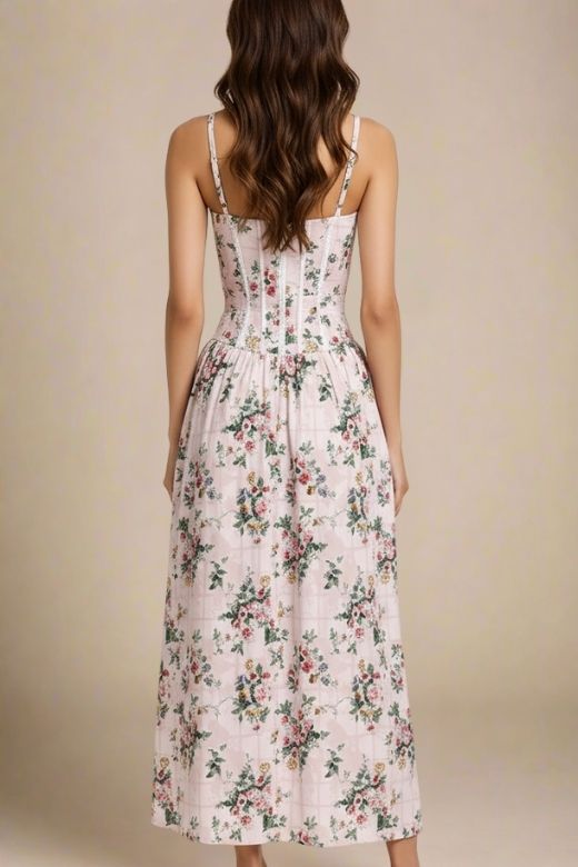 Beige Floral Grid Print Corset Lace Trim Spaghetti Strap A-Line Maxi Dress