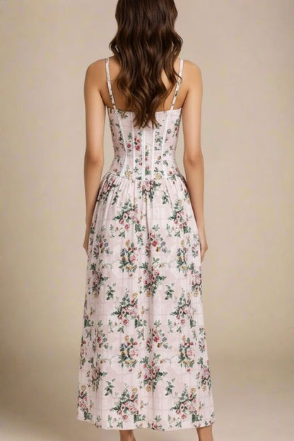 Beige Floral Grid Print Corset Lace Trim Spaghetti Strap A-Line Maxi Dress