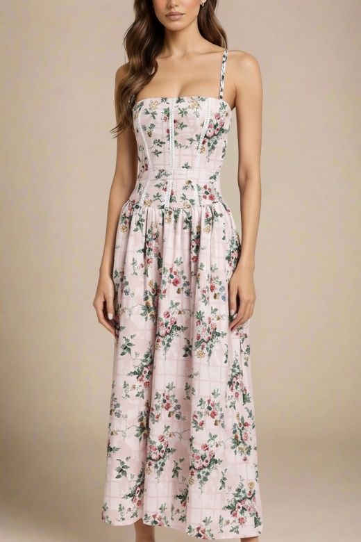 Beige Floral Grid Print Corset Lace Trim Spaghetti Strap A-Line Maxi Dress