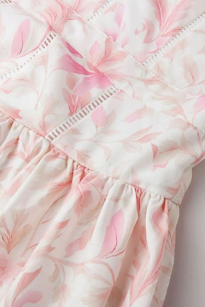 Pink Print Floral Print Spaghetti Strap Square Neck Fit and Flare A-Line Summer Midi Dress