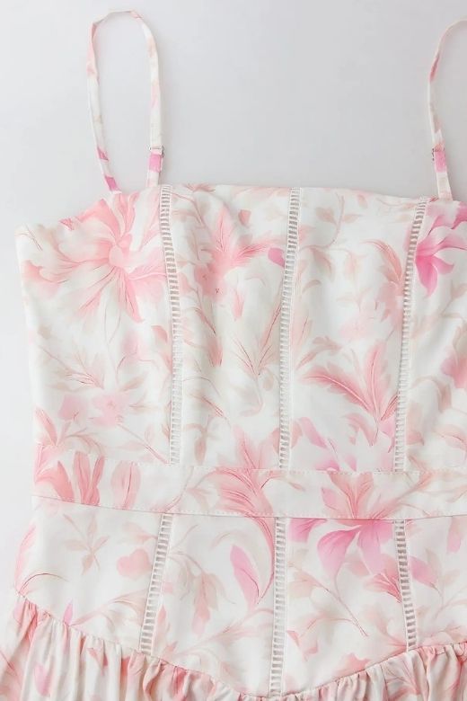 Pink Print Floral Print Spaghetti Strap Square Neck Fit and Flare A-Line Summer Midi Dress