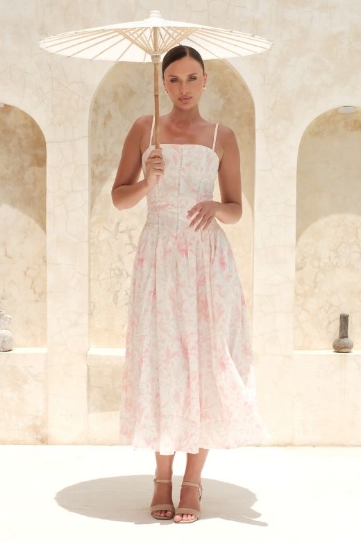 Pink Print Floral Print Spaghetti Strap Square Neck Fit and Flare A-Line Summer Midi Dress