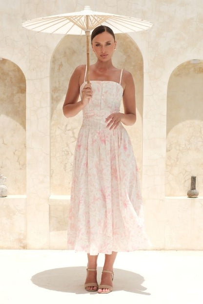Pink Print Floral Print Spaghetti Strap Square Neck Fit and Flare A-Line Summer Midi Dress