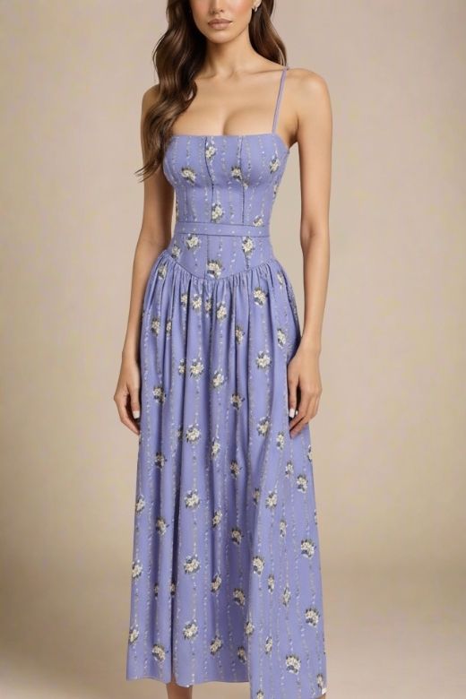 Royal Blue Spaghetti Strap Corset Bustier Basque Waist Gathered Midi Dress