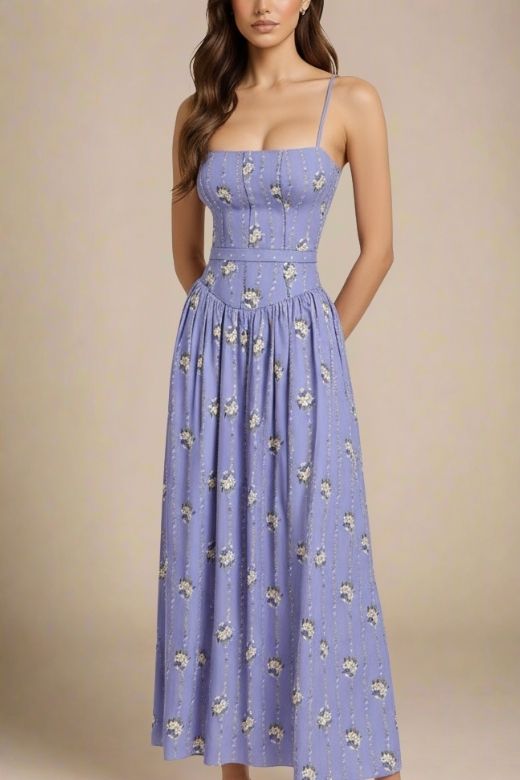 Royal Blue Spaghetti Strap Corset Bustier Basque Waist Gathered Midi Dress