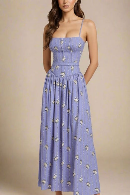Royal Blue Spaghetti Strap Corset Bustier Basque Waist Gathered Midi Dress