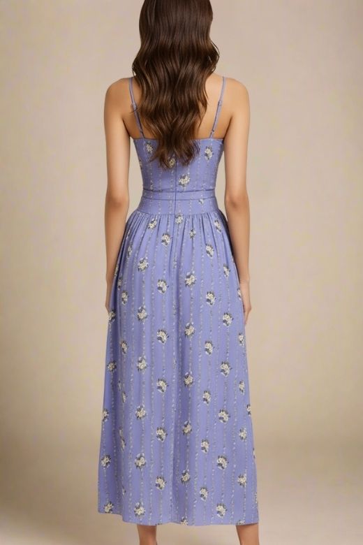 Royal Blue Spaghetti Strap Corset Bustier Basque Waist Gathered Midi Dress