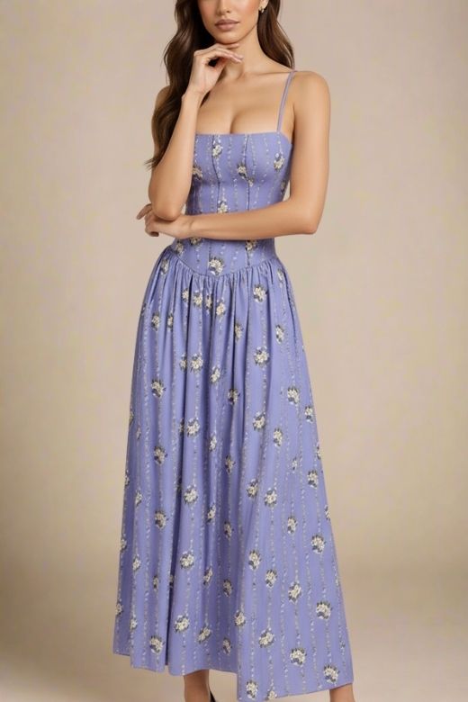 Royal Blue Spaghetti Strap Corset Bustier Basque Waist Gathered Midi Dress