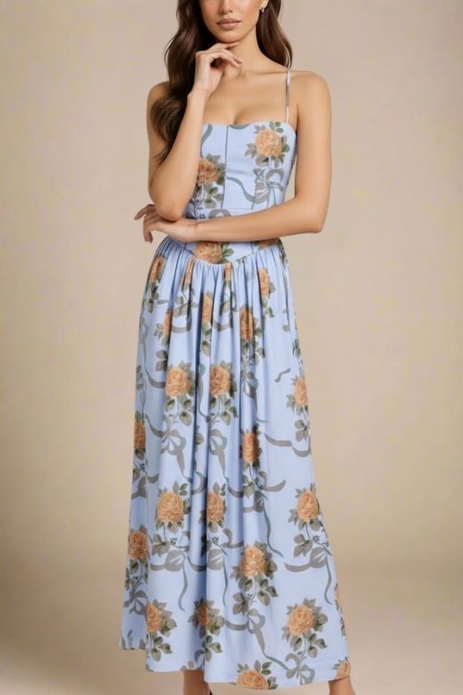 Sky Blue Spaghetti Strap Corset Bustier Basque Waist Gathered Midi Dress