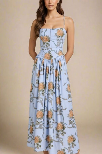 Sky Blue Spaghetti Strap Corset Bustier Basque Waist Gathered Midi Dress