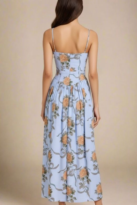 Sky Blue Spaghetti Strap Corset Bustier Basque Waist Gathered Midi Dress