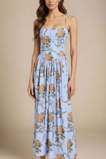 Sky Blue Spaghetti Strap Corset Bustier Basque Waist Gathered Midi Dress