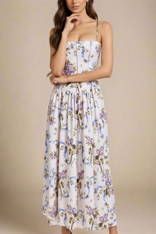 White Floral Spaghetti Strap Corset Bustier Floral Ribbon Print Gathered Maxi Dress