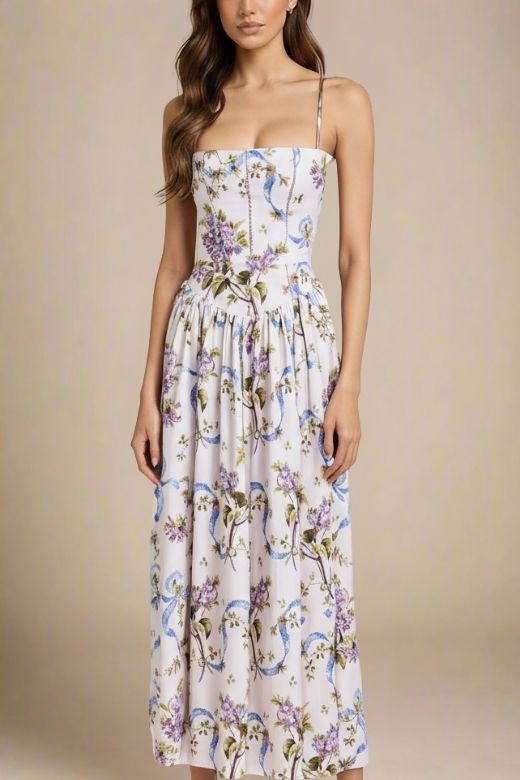White Floral Spaghetti Strap Corset Bustier Basque Waist Gathered Midi Dress