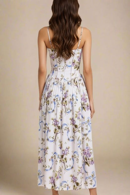 White Floral Spaghetti Strap Corset Bustier Basque Waist Gathered Midi Dress