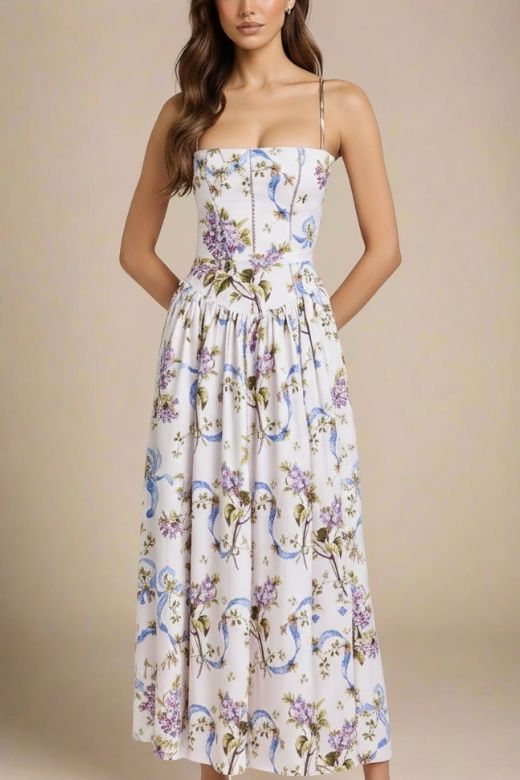 White Floral Spaghetti Strap Corset Bustier Basque Waist Gathered Midi Dress