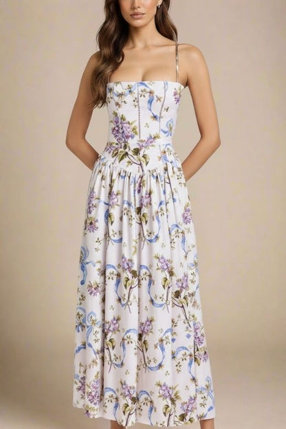 White Floral Spaghetti Strap Corset Bustier Basque Waist Gathered Midi Dress