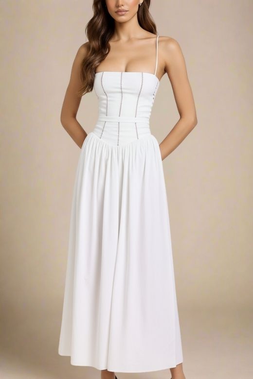 Pearl White Spaghetti Strap Corset Bustier Basque Waist Gathered Midi Dress
