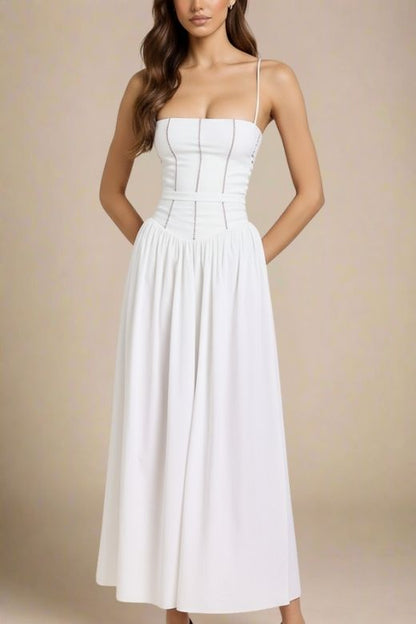 Pearl White Spaghetti Strap Corset Bustier Basque Waist Gathered Midi Dress