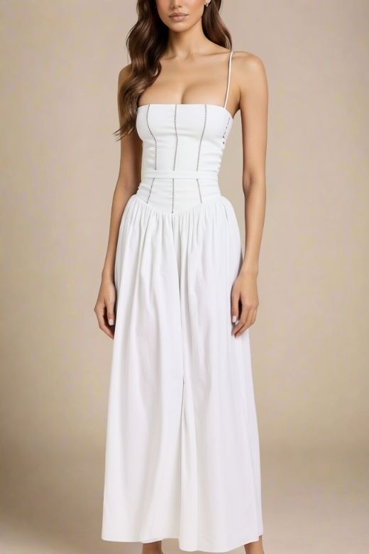 Pearl White Spaghetti Strap Corset Bustier Basque Waist Gathered Midi Dress