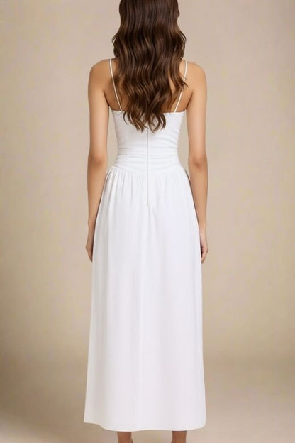 Pearl White Spaghetti Strap Corset Bustier Basque Waist Gathered Midi Dress