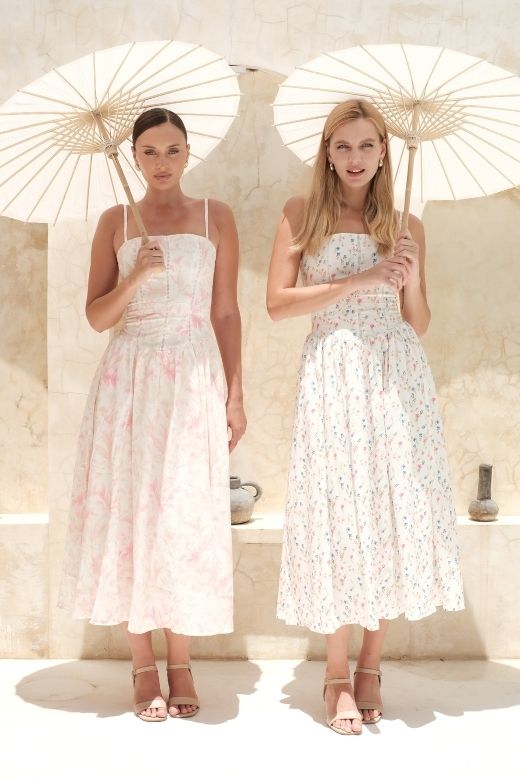 White Floral Spaghetti Strap Corset Bustier Basque Waist Gathered Midi Dress