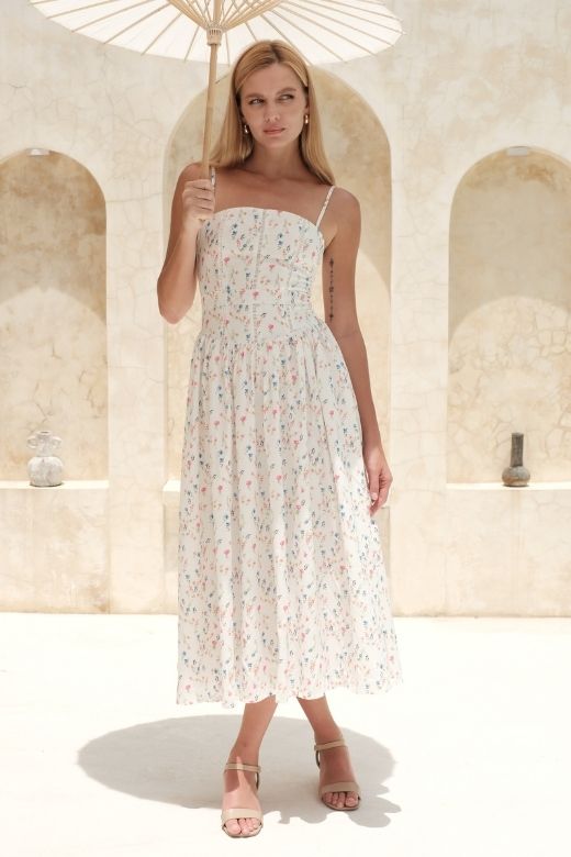 White Print Spaghetti Strap Corset Bustier Ditsy Floral Gathered Skirt Maxi Dress