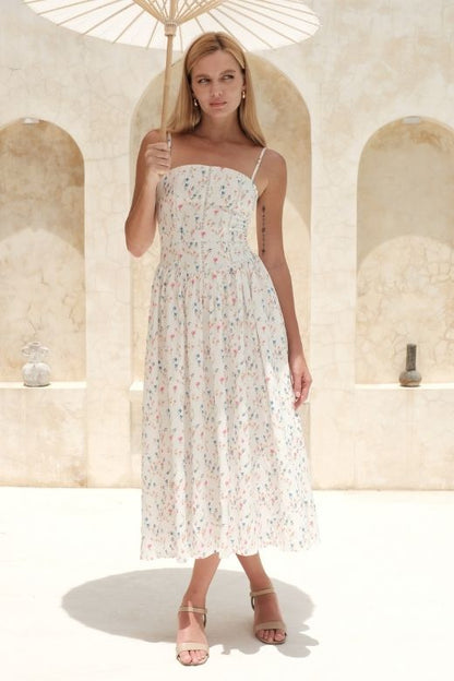 Beige Floral Grid Print Corset Lace Trim Spaghetti Strap A-Line Maxi Dress