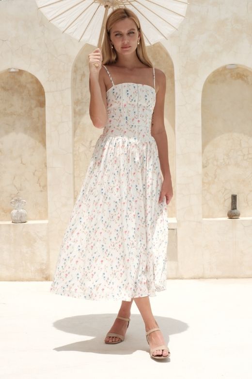White Print Spaghetti Strap Corset Bustier Ditsy Floral Gathered Skirt Maxi Dress