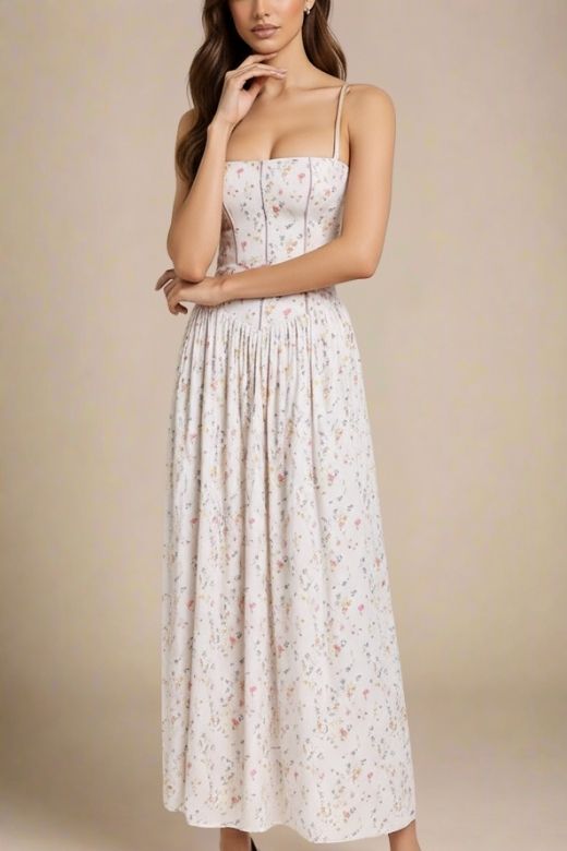 White Print Spaghetti Strap Corset Bustier Ditsy Floral Gathered Skirt Maxi Dress