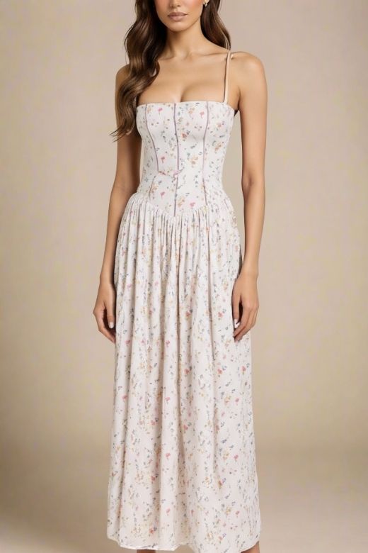 White Print Spaghetti Strap Corset Bustier Ditsy Floral Gathered Skirt Maxi Dress