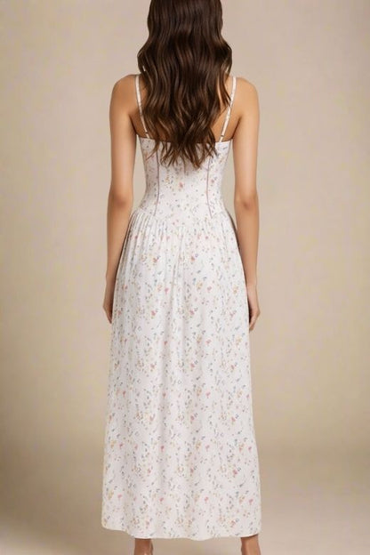 White Print Spaghetti Strap Corset Bustier Ditsy Floral Gathered Skirt Maxi Dress