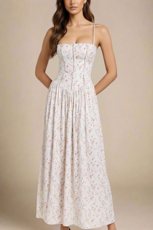 White Print Spaghetti Strap Corset Bustier Ditsy Floral Gathered Skirt Maxi Dress