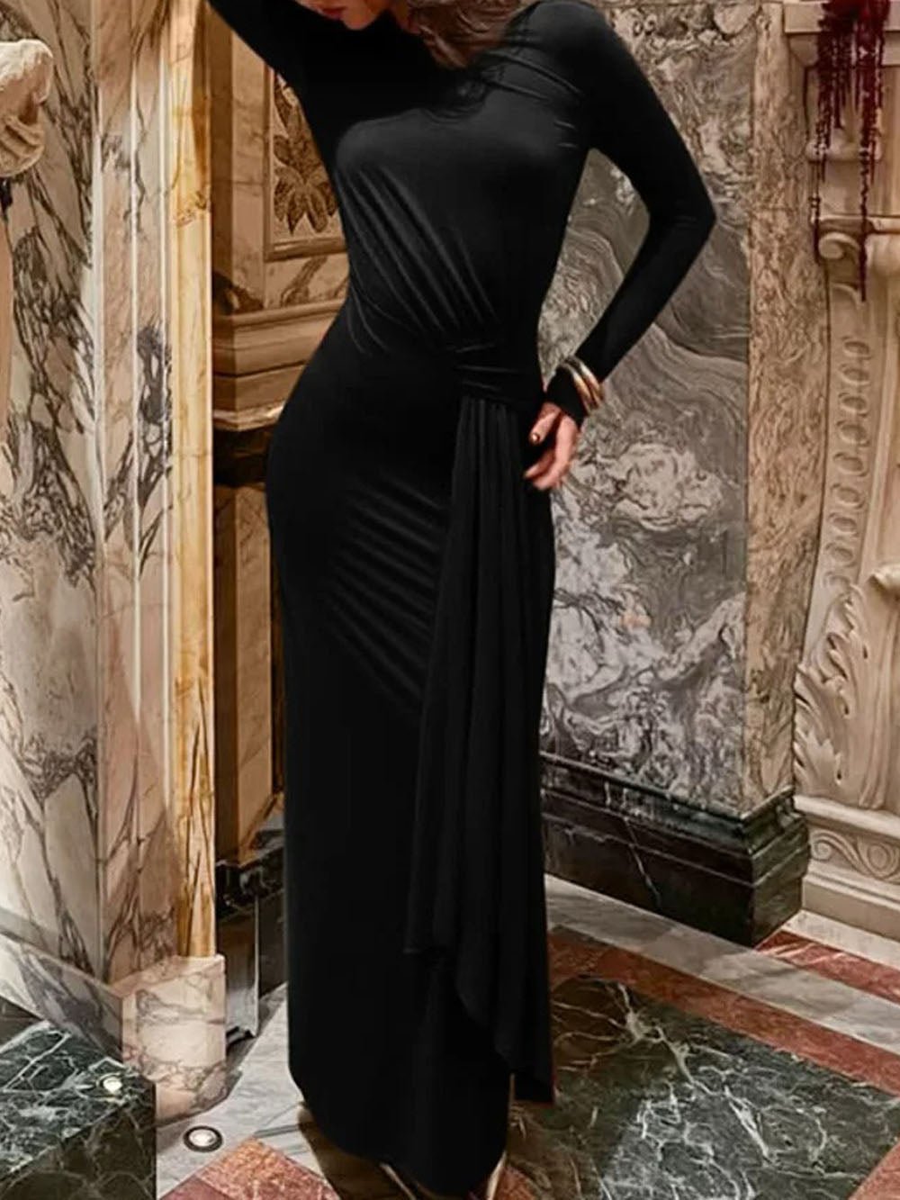 Long Sleeve Crew Neck Asymmetric Ruched Front Panel Drape Maxi Dress