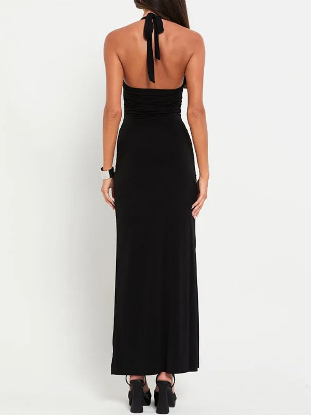 Halter Neck Butterfly Buckle Cut Out Bodycon Maxi Dress