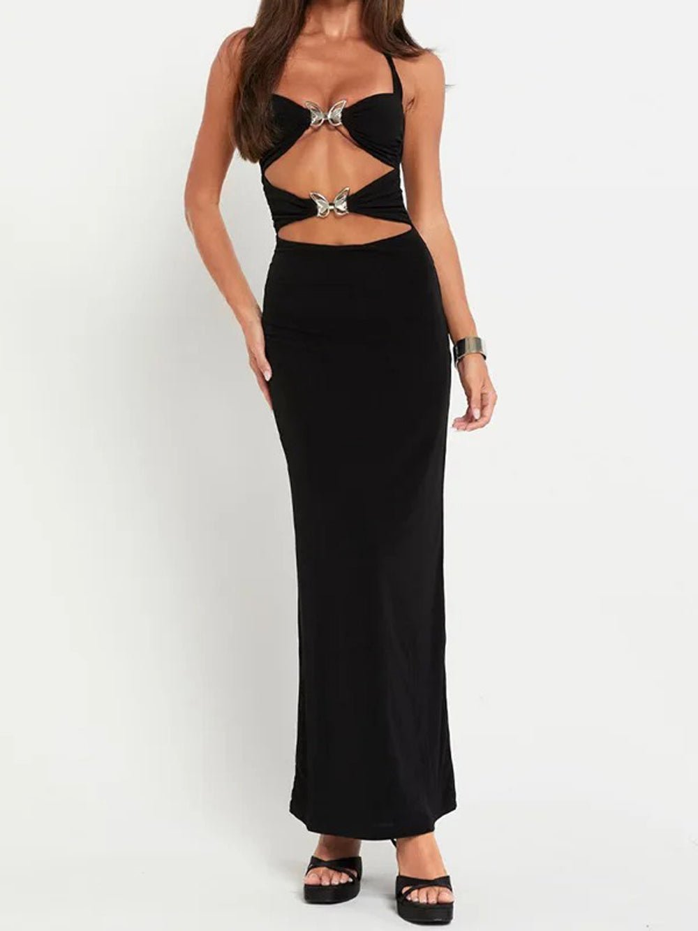 Halter Neck Butterfly Buckle Cut Out Bodycon Maxi Dress