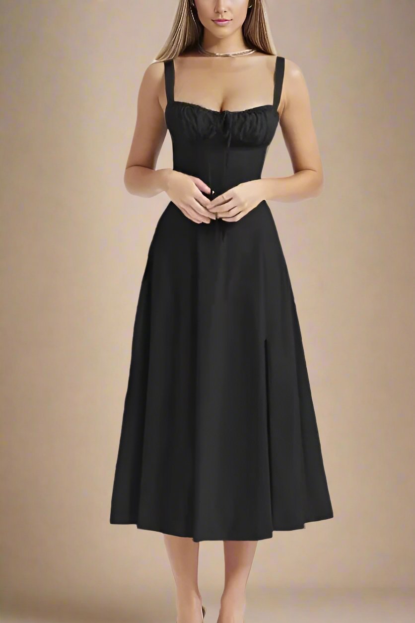 Classic Black Ruched Bust Tie Neck Tank Strap Side Slit A-Line Summer Midi Dress