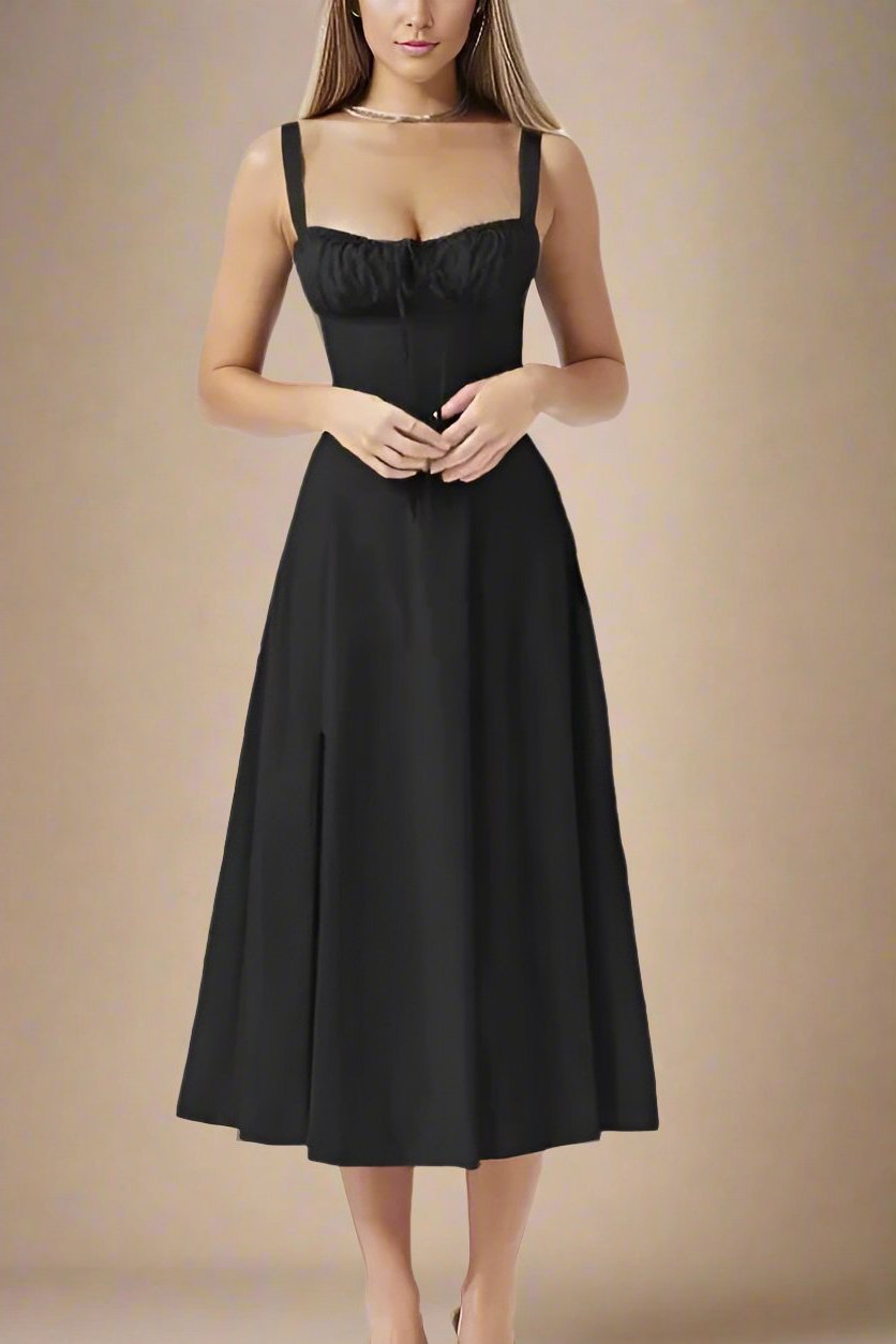 Classic Black Ruched Bust Tie Neck Tank Strap Side Slit A-Line Summer Midi Dress