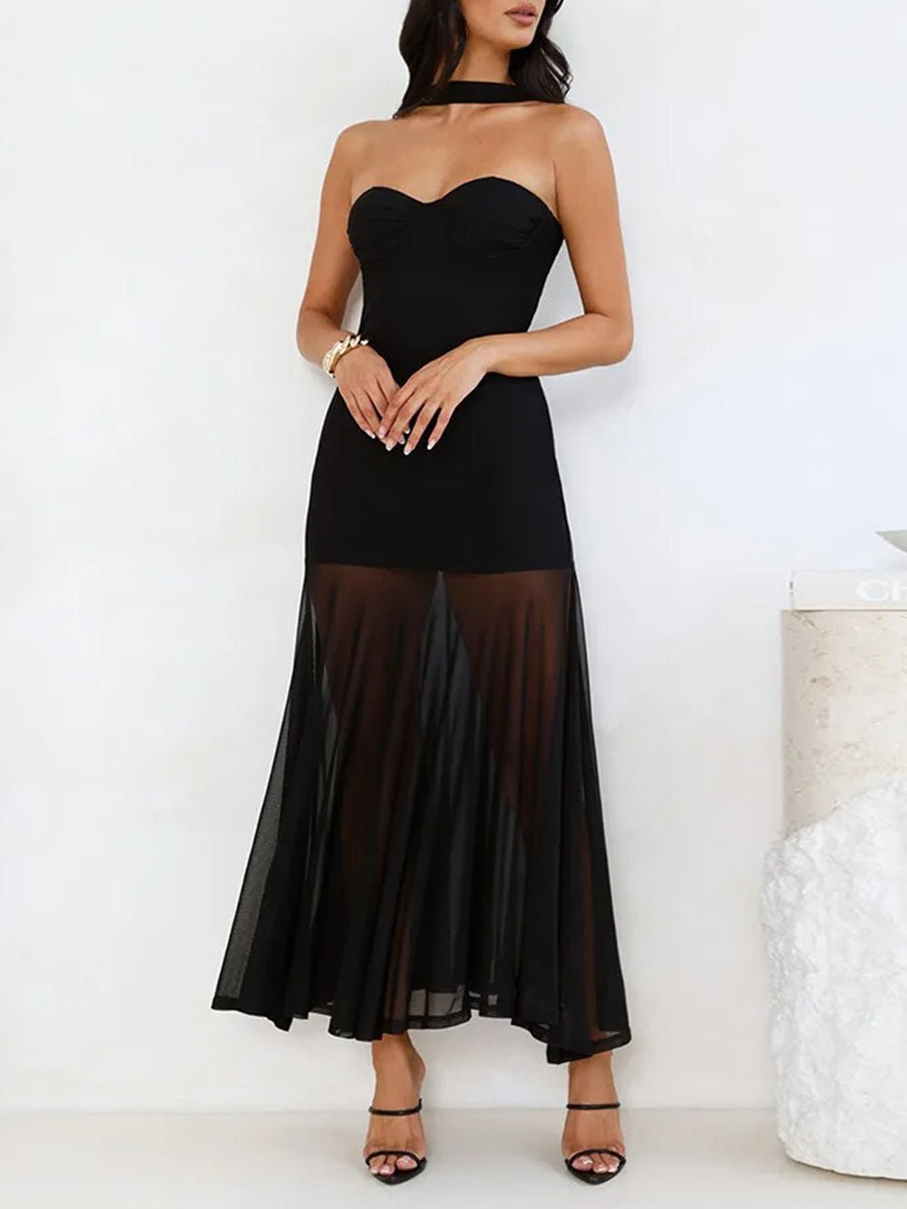 Strapless Sweetheart Mesh Overlay High Split Ruffle Tier Maxi Dress