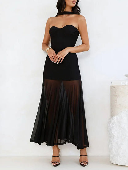 Strapless Sweetheart Mesh Overlay High Split Ruffle Tier Maxi Dress