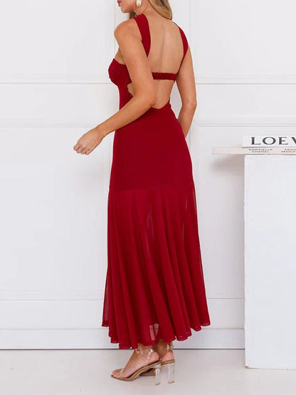 Strapless Sweetheart Mesh Overlay High Split Ruffle Tier Maxi Dress
