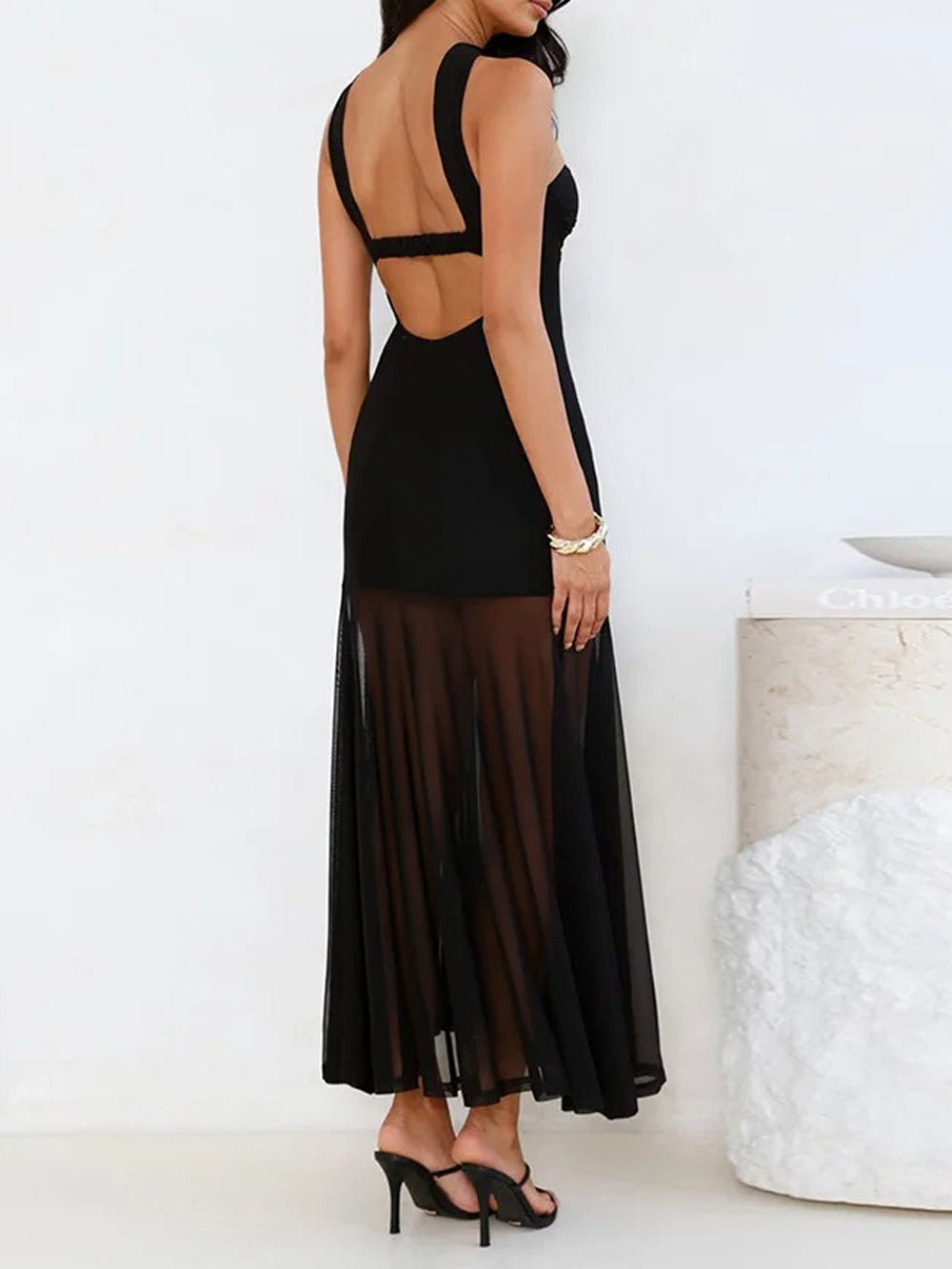 Strapless Sweetheart Mesh Overlay High Split Ruffle Tier Maxi Dress