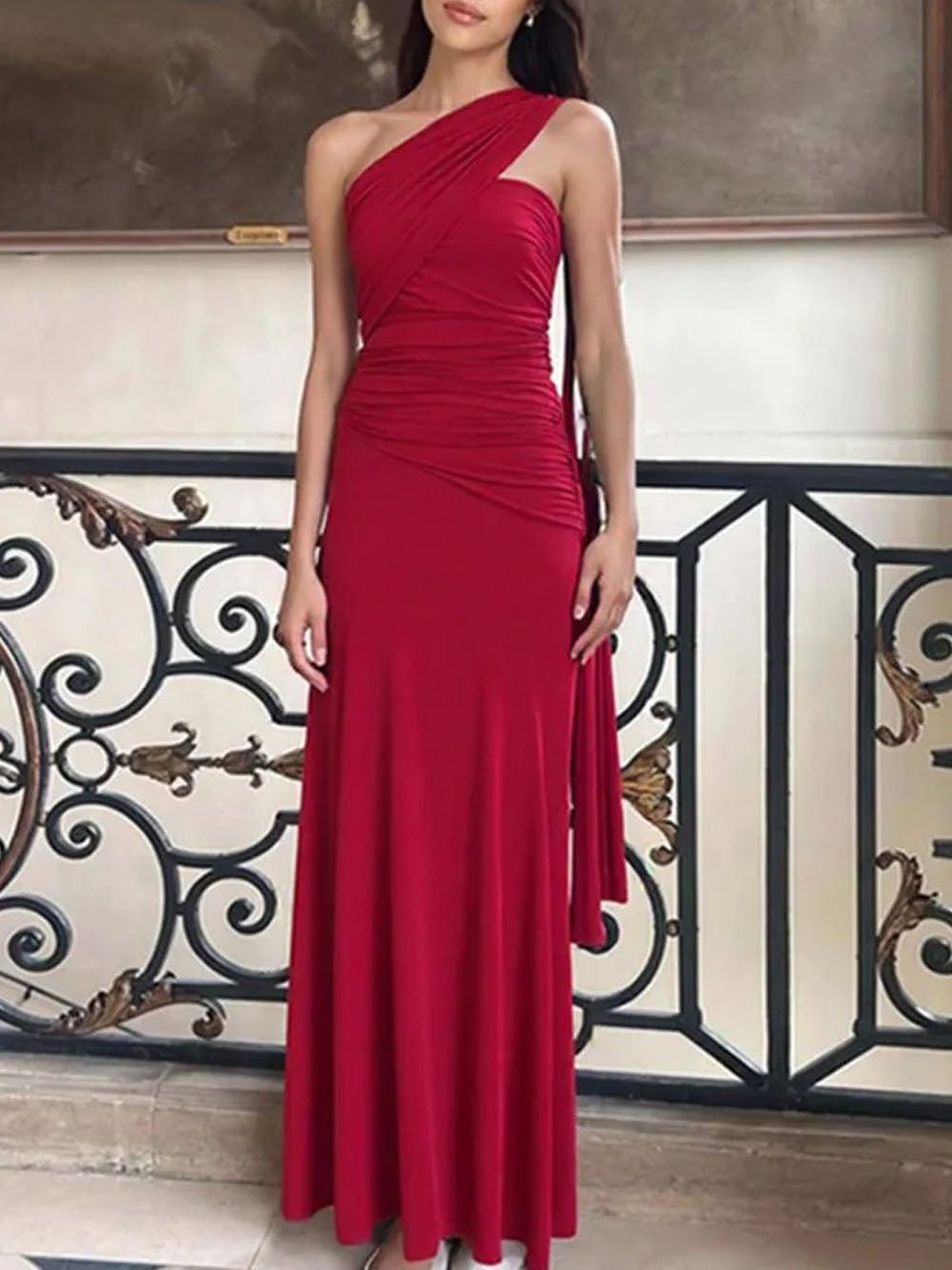 One Shoulder Ruched Side Drape Panel Maxi Dress