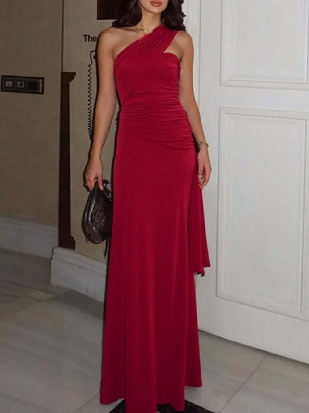 One Shoulder Ruched Side Drape Panel Maxi Dress