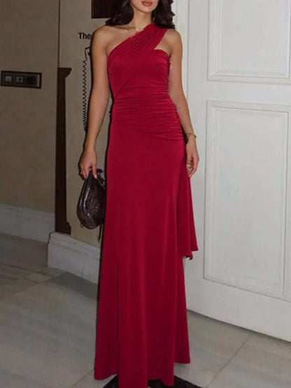 One Shoulder Ruched Side Drape Panel Maxi Dress