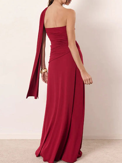 One Shoulder Ruched Side Drape Panel Maxi Dress