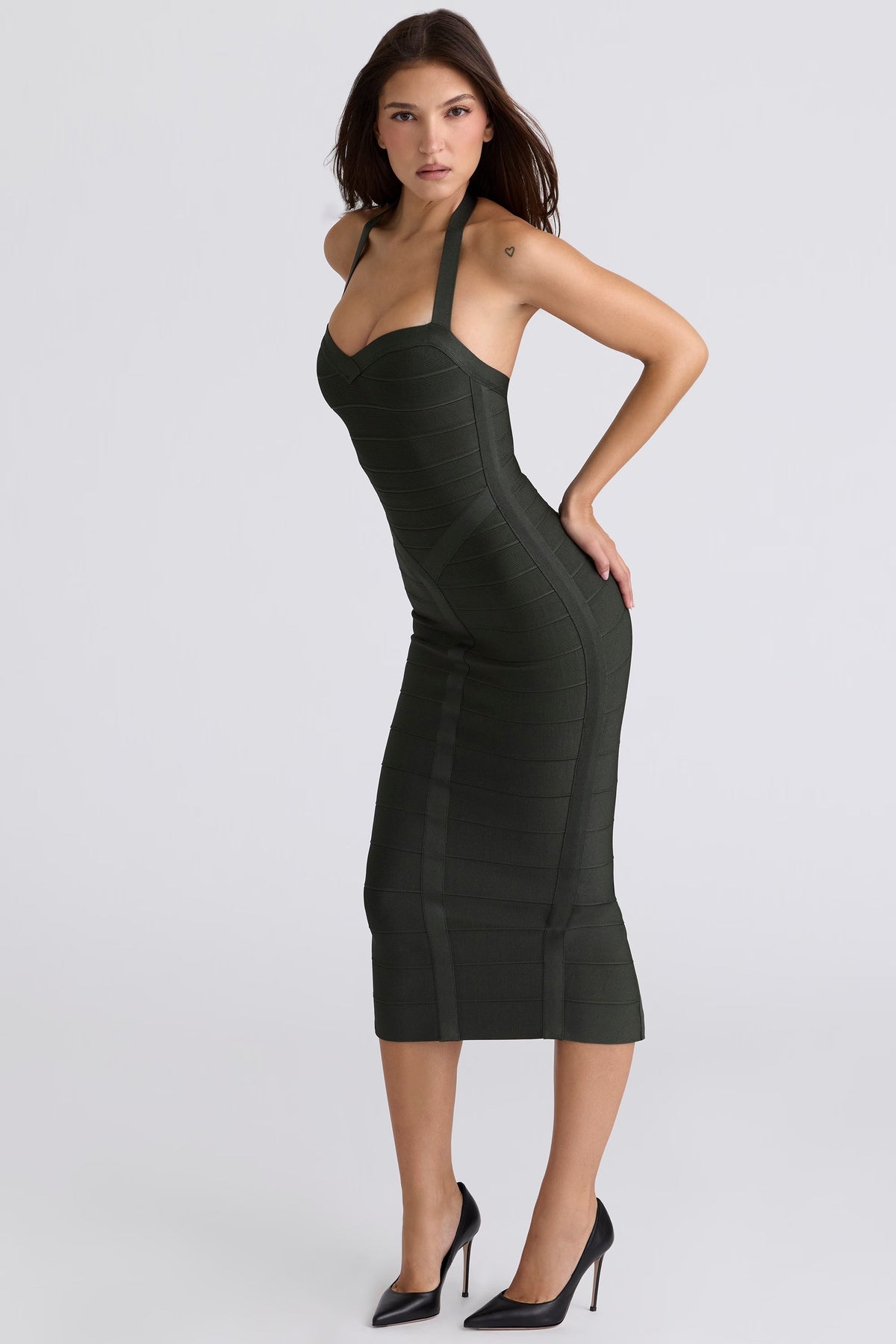 Bandage Halter Neck Sweetheart Ruched Bodycon Midi Dress