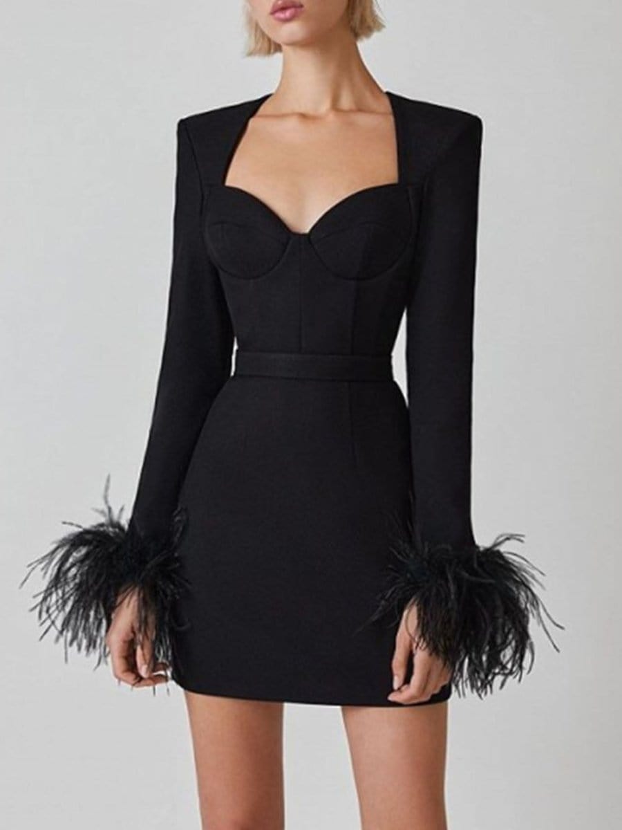 Black Sweetheart Cut Out Long Sleeve Feather Cuff Corset Belt Bodycon Mini Dress