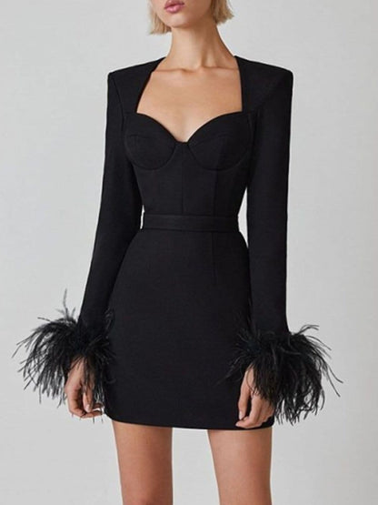 Black Sweetheart Cut Out Long Sleeve Feather Cuff Corset Belt Bodycon Mini Dress